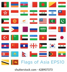 Asian Countries Flags. Vector Icons Set.