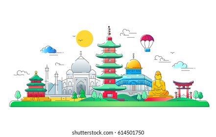 Asian Countries - modern vector line travel illustration. Discover India, Japan, France, Israel. Have a trip, enjoy your vacation. Be on a journey. See landmarks like buddha , torii, mosque, taj mahal