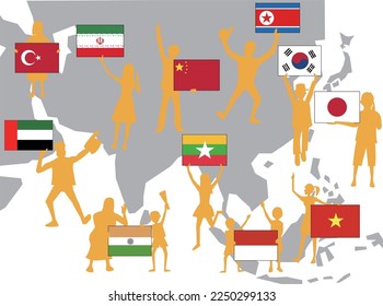 Asian countries raise their national flags and wish for peace.