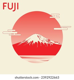 Asian country flat landscape at sunset with a mountain. Japan. Fujiyama. Silhouette. Vector abstract art Mount Fuji Japan landmark, landscape mountain with birds and sunrise sunset. Minimal style.