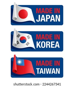 Bandas horizontales del país de origen asiático - Hecho en Japón, Corea, Taiwán - insignias aisladas con bandera del país