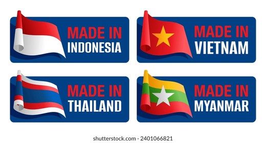 Asian Country of origin horizontal labels set - Made in Vietnam, Myanmar, Thailand, Indonesia - isolated badges with 3D flags