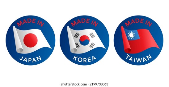 Asian Country of origin icons set - Made in Japan, Korea, Taiwan - isolated badges with country flag