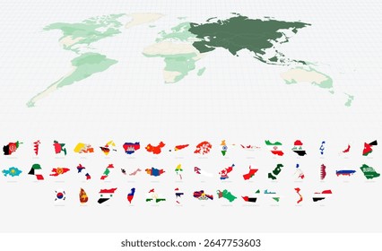 Asian Country Shapes with Flags on a Highlighted World Map. Vector Map Collection.
