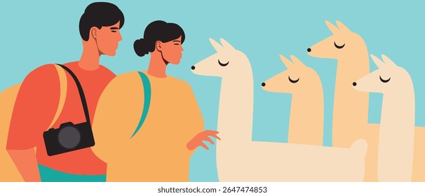 Casal asiático com alpaca como américa latina ou peru conceito de viagem, ilustração de estoque vetor plano para dia de alpaca para sstkTravel