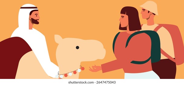 Asian couple with camel and BIPOC indigenous guide as african or arabic countries travel concept, flat vector stock illustration, experiencing local culture for sstkTravel