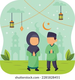 Asian couple are celebrating Eid Mubarak concept, Selamat Idul Fitri vector icon Design, Ramazan and Eid al-Fitr Symbol, Islamic and Muslims fasting Sign, Arabic holiday celebration stock illustration