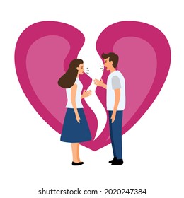 Asian couple fighting with pink broken heart in flat design on white background. Arguing man and woman character.