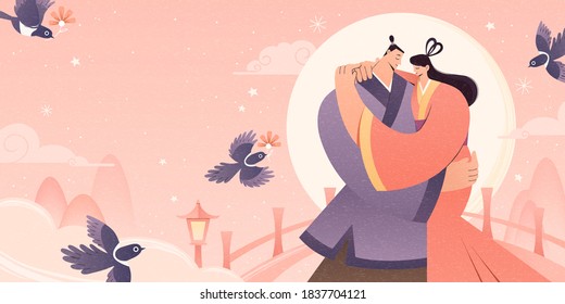 Asian couple holding each other on the bridge with smile, flat design illustration, banner for dating events or Qixi festival aka. Chinese Valentine's Day