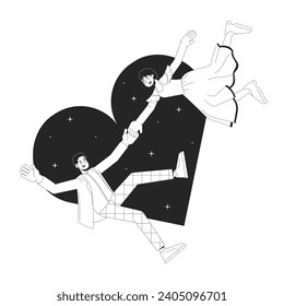 Asian couple love at first sight black and white 2D illustration concept. Korean boyfriend girlfriend cartoon outline characters isolated on white. Romantic dreamy metaphor monochrome vector art