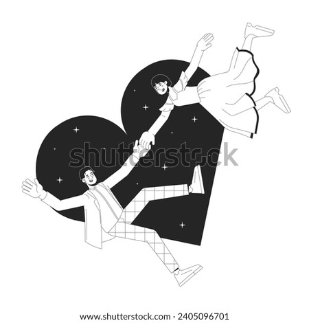 Asian couple love at first sight black and white 2D illustration concept. Korean boyfriend girlfriend cartoon outline characters isolated on white. Romantic dreamy metaphor monochrome vector art