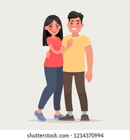 Asian couple over isolated background. Happy man and woman together. Vector illustration in cartoon style