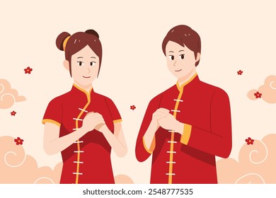 Asian couple perform fist and palm salute gestures, chinese new year celebration, flat hand drawn style