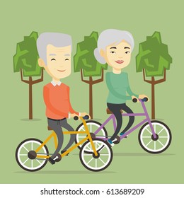 Asian couple riding bikes in park. Senior couple riding on bicycles in park. Retired couple biking. Senior husband and wife enjoying walk with bicycles. Vector flat design illustration. Square layout.