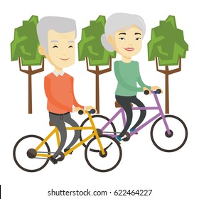 Asian couple riding bikes in park. Senior couple riding on bicycles in park. Senior husband and wife enjoying walk with bicycles in park. Vector flat design illustration isolated on white background.