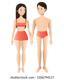 Asian couple in underwear stand nearby holding hands. People in full growth. Cute gradient characters.