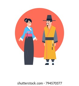 Asian Couple Wearing Ancient Costume Isolated Asian Dress Collection Korea Traditional Clothes Concept Flat Vector Illustration