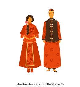 Asian couple wearing traditional chinese costumes. Female character in decorated national dress. Male person in hat and ornamented apparel. Flat vector illustration isolated on white background