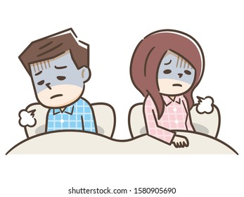 Asian couples quarrel sit in bed ,they argue not to talk to each other. They are unhappy