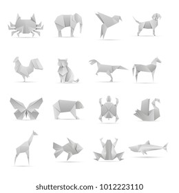 Colección vectorial de animales de origami creativos asiáticos. Ilustración de papel de juguete geométrico animal