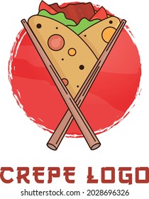 Crepe asiático y logotipo ilustrado caricaturizado en colores vivos, logotipo vector para crepe china con filetes de comida