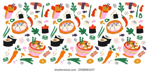 Asian cuisine cartoon pattern in retro 90s style. Food, dishes, ramen, noodles, sushi, traditional dishes. Japanese cafe bar restaurant. Vector shapes of national East Asian Japanese and Chinese