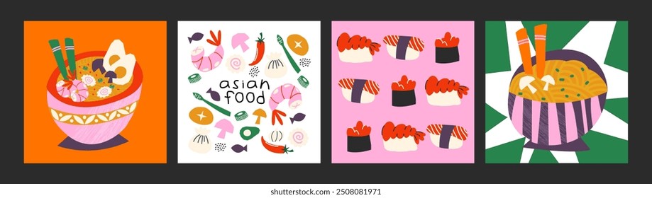 Asian cuisine cartoon poster in retro 90s style. Food, dishes, ramen, noodles, sushi, traditional dishes. Japanese cafe bar restaurant. Vector postcards of national East Asian Japanese and Chinese