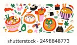 Asian cuisine cartoon set of stickers in retro 90s style. Food, dishes, ramen, noodles, sushi, traditional dishes. Japanese cafe bar restaurant. Vector shapes of national East Asian Japanese and Chine