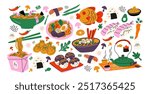 Asian cuisine cartoon set of stickers in retro 90s style. Food, dishes, ramen, noodles, sushi, traditional dishes. Japanese cafe bar restaurant. Vector shapes of national East Asian Japanese and Chine
