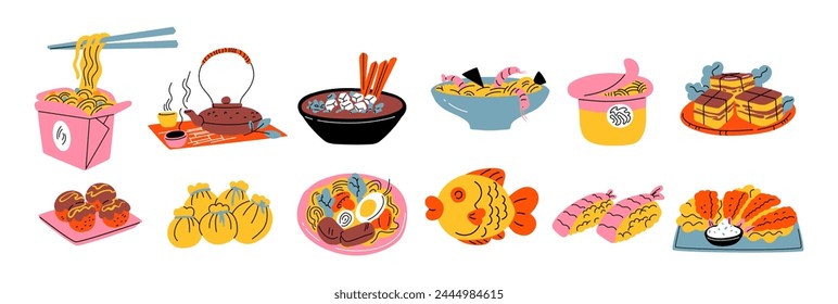 Asian cuisine cartoon set of stickers in retro 90s style. Food, dishes, ramen, noodles, sushi, traditional dishes. Japanese cafe bar restaurant. Vector shapes of national East Asian Japanese and China