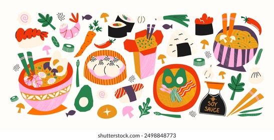 Asian cuisine cartoon set of stickers in retro 90s style. Food, dishes, ramen, noodles, sushi, traditional dishes. Japanese cafe bar restaurant. Vector shapes of national East Asian Japanese and Chine