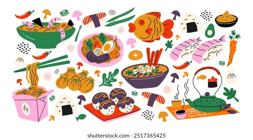 Asian cuisine cartoon set of stickers in retro 90s style. Food, dishes, ramen, noodles, sushi, traditional dishes. Japanese cafe bar restaurant. Vector shapes of national East Asian Japanese and Chine