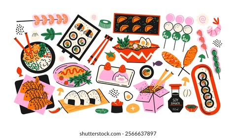 Asian cuisine cartoon set of stickers in retro 90s style. Food, dishes, ramen, noodles, sushi, traditional dishes. Japanese cafe bar restaurant. Vector shapes of national East Asian Japanese and Chine