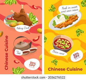 Asian cuisine, chinese food and dishes served on plates. Pork in sweet and sour sauce, bean curd, Peking duck, tea beverage. Promotional banner or poster, cafe or restaurant menu. Vector in flat