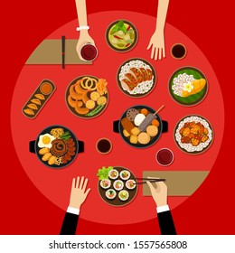 Asian cuisine dinner table, top view. Vector illustration.