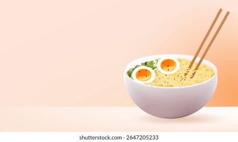Asian cuisine dish on a beige background.A bowl of ramen is illustrated with noodles, boiled eggs, and vegetables.