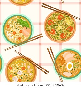 Asian cuisine dish repeat pattern in random order top view