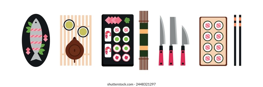 Asian Cuisine Dish and Served Meal Vector Set