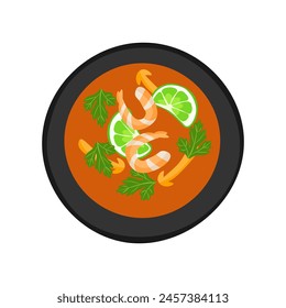 Plato de cocina asiática Tom Yum Kung sopa aislado sobre fondo blanco. Ilustración vectorial en estilo plano