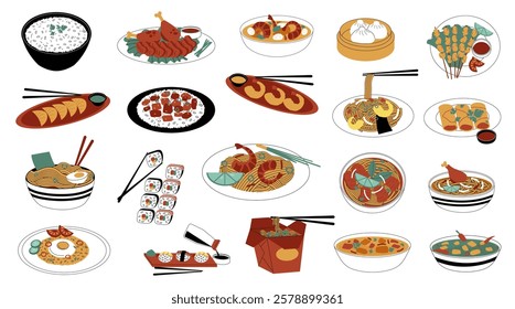 Asian cuisine dishes including ramen, sushi, rolls, rice, chicken and shrimps served on plates, bowls and take away boxes, drawing representing Japanese, Korean, Chinese and Vietnamese food