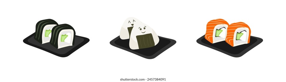 Asian cuisine dishes rolls and onigiri isolated on white background. Vector illustration in flat style