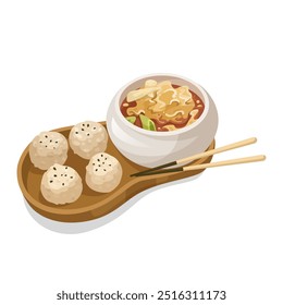 Asian cuisine with dumplings and soup. Vector illustration