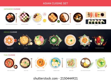 Asian cuisine flat infographics with sections and compositions of served dishes with text captions and header vector illustration