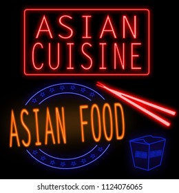 Asian cuisine and food glowing neon signs on black background, vector illustration