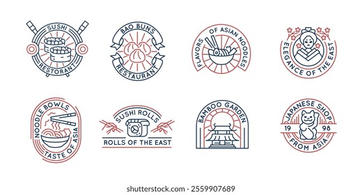 Asian Cuisine and Food logos, labels, icons. Collection of 8 Asian logotypes designed for food business. Sushi, Noodles, Japanese logos. Vector illustration.