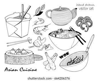 Asian cuisine. Hand drawn graphic vector set. All elements are isolated