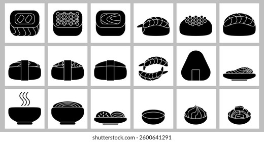 Asian cuisine icon set. Sushi, rolls, nigiri, onigiri, soup, noodles, salads. Flat vector illustration.