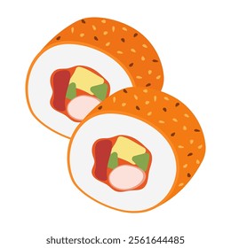 Asian cuisine including sushi, dumplings, and seafood dishes. Flat vector Illustration