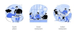 Asian Cuisine Isolated Cartoon Vector Illustrations Set. Happy Couple Eat Sushi Together, Thai And Vietnamese Food, Indian Restaurant, Diverse People Holding Chopsticks, Dining Out Vector Cartoon.