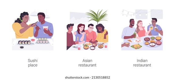 Asian cuisine isolated cartoon vector illustrations set. Happy couple eat sushi together, Thai and Vietnamese food, Indian restaurant, diverse people holding chopsticks, dining out vector cartoon.